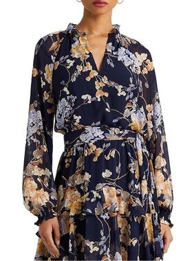 Lauren Ralph Lauren Navy Floral Crinkle Georgette Dress